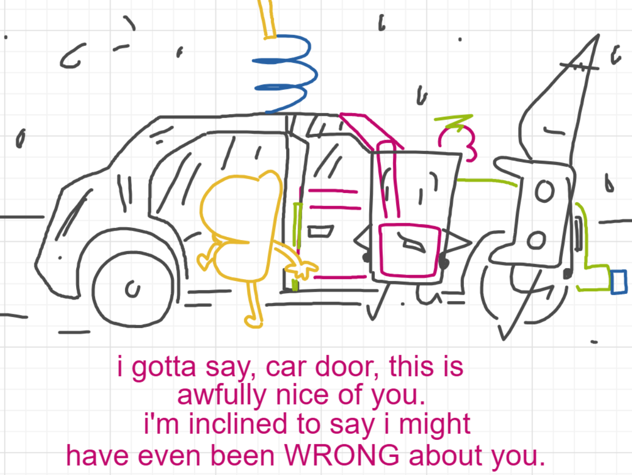 A panel from I've Been Everywhere, Man, episode nine of the Board Boards object show by Furretwalk/WalkingFurret.